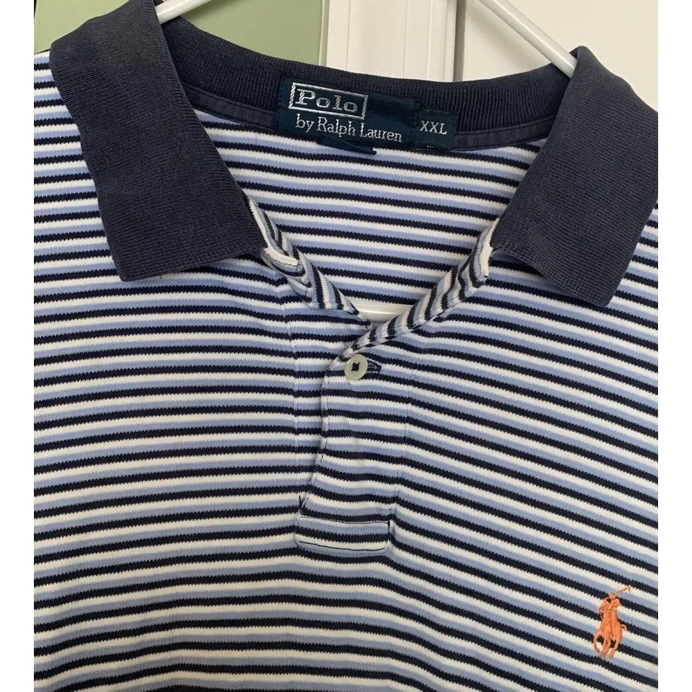 Ralph Lauren Polo Shirt Men's 2XL Navy, Light Blue &‎ White Striped 100% Cotton